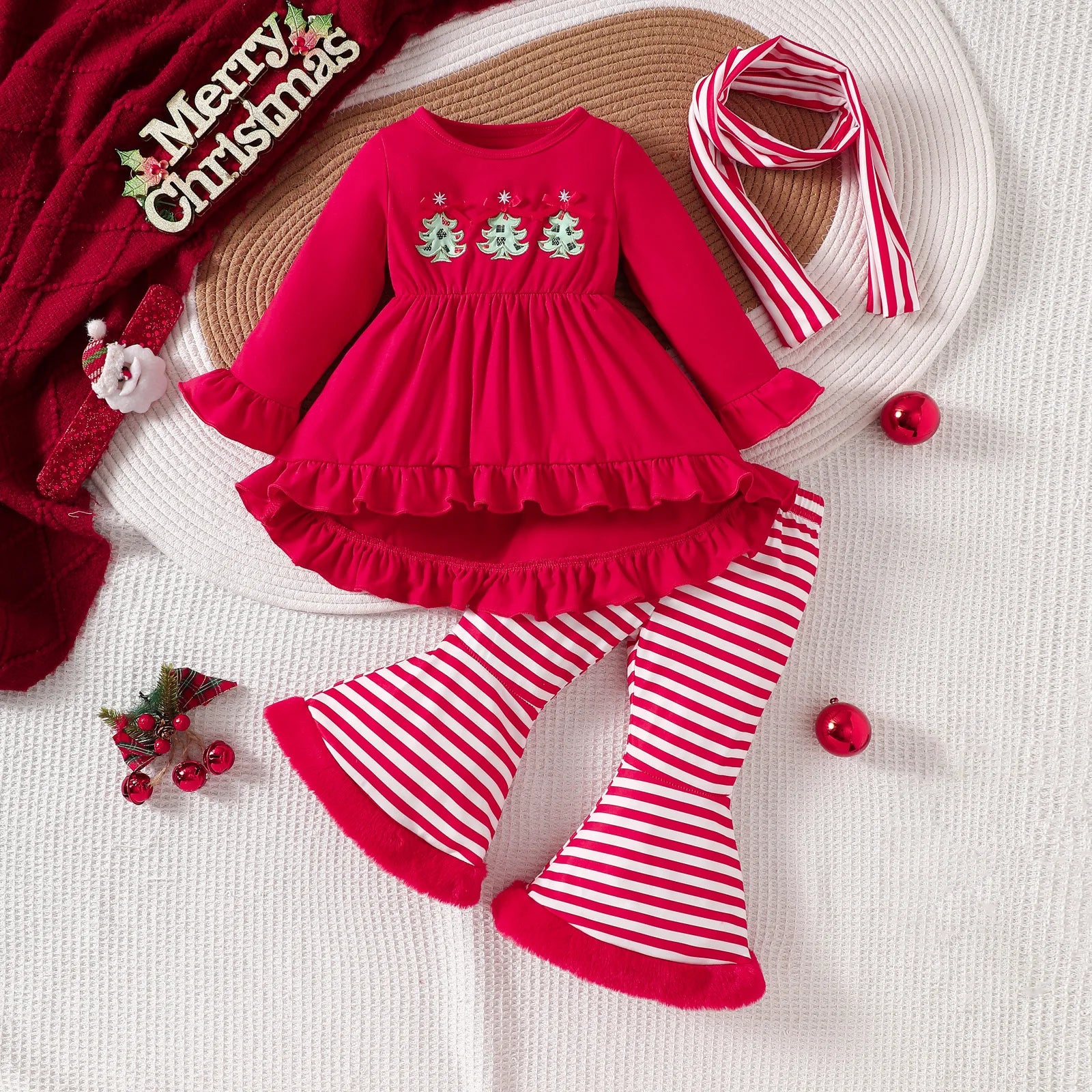 Baby Spring Autumn Clothers Girls Christmas Embroidered Clothes T With Striped Flared Pants Set Fashionable Casual Girl Clothing